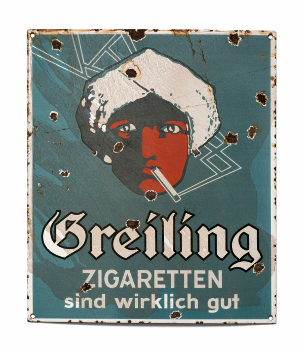 Emaille-Schild, Greiling Fälschung mit künstlich herbeigeführten Alterungsspuren, Sammlung Werkbundarchiv – Museum der Dinge