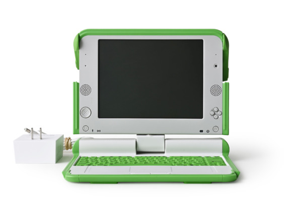 White-green robust-looking opened laptop with charger and green case