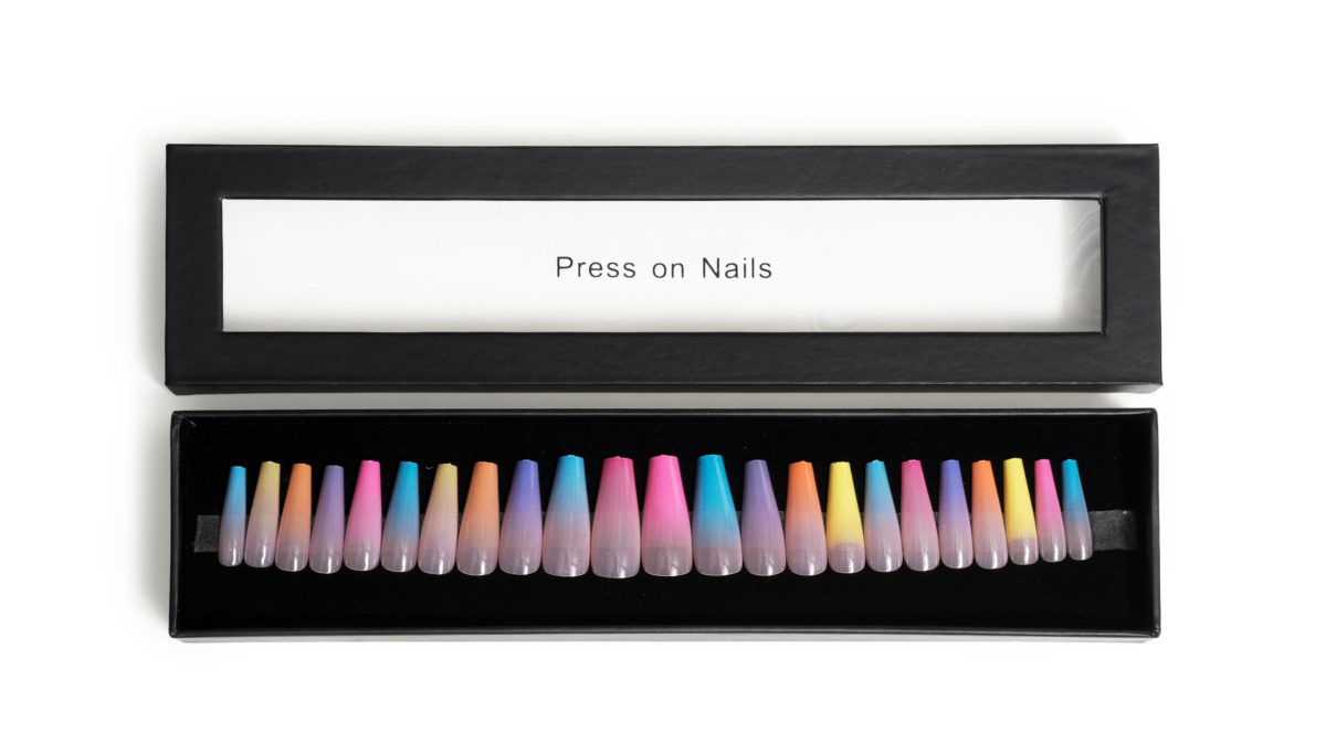 Self-adhesive press-on nails in pink, yellow, green, blue color