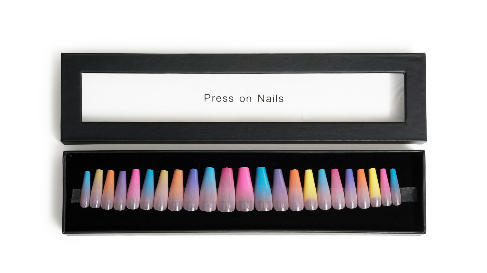 Self-adhesive press-on nails in pink, yellow, green, blue color