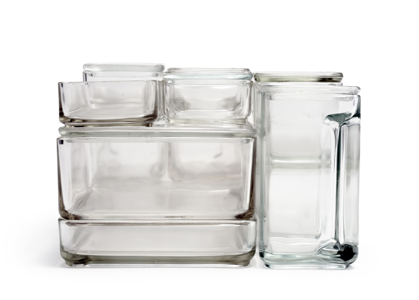 Stackable, square glass jars in various shapes