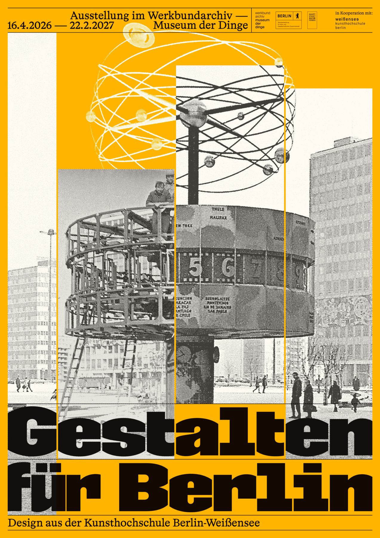 Collage featuring historical black-and-white images of the Weltzeituhr against a yellow-orange background.