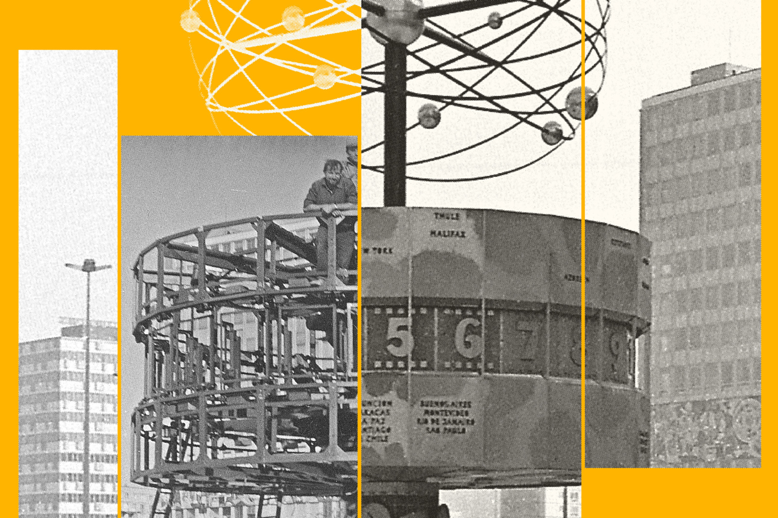 Collage mit historischen schwarz-weißen Bildern der Weltzeituhr vor einem gelb-orangenen Hintergrund