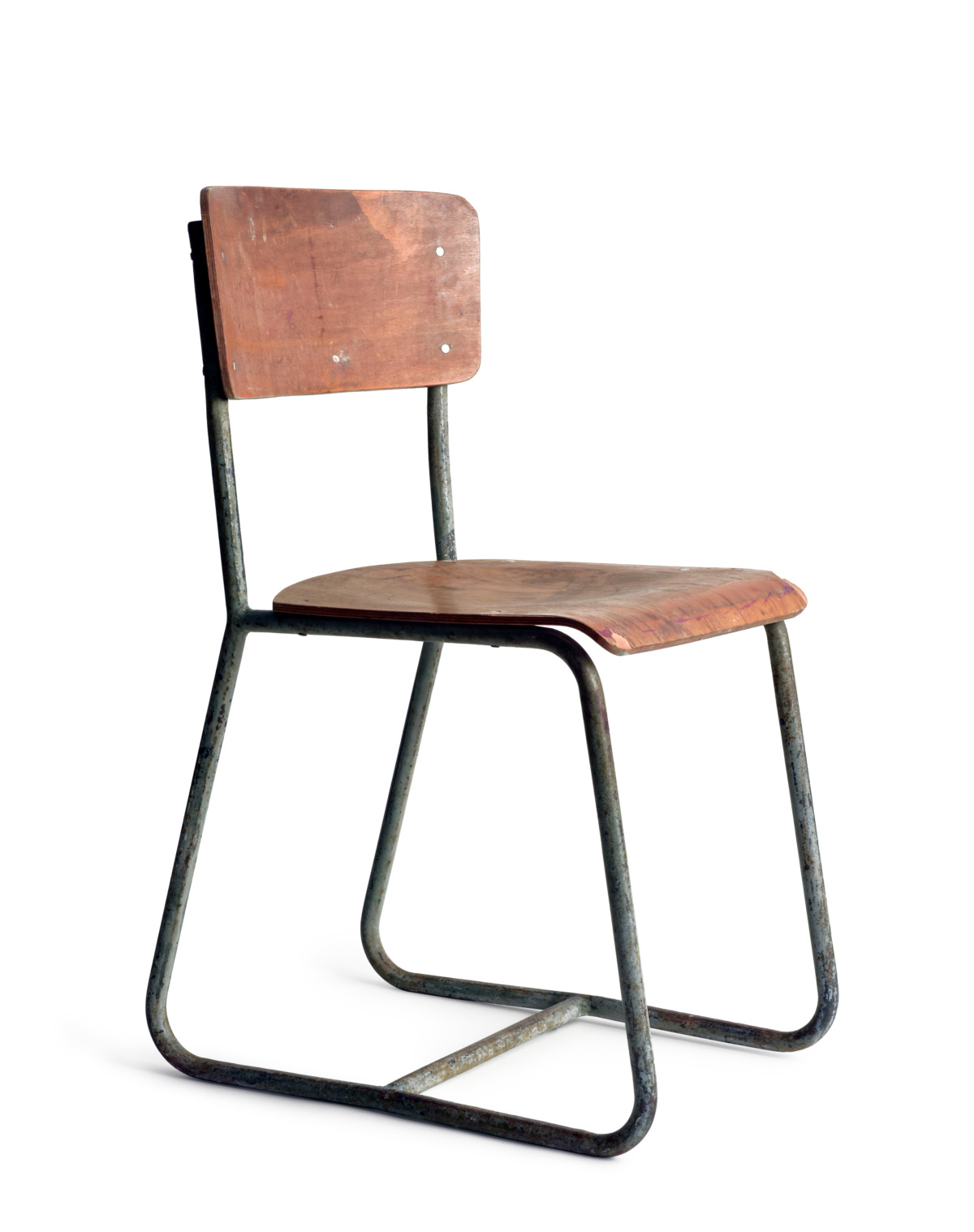 A wooden school chair with a grey tubular metal frame against a pure white background.