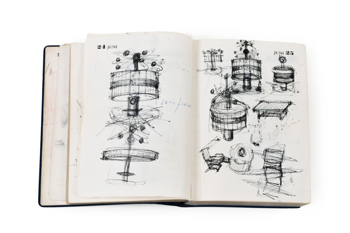 A pocket diary with sketches of the World Time Clock on Alexanderplatz.