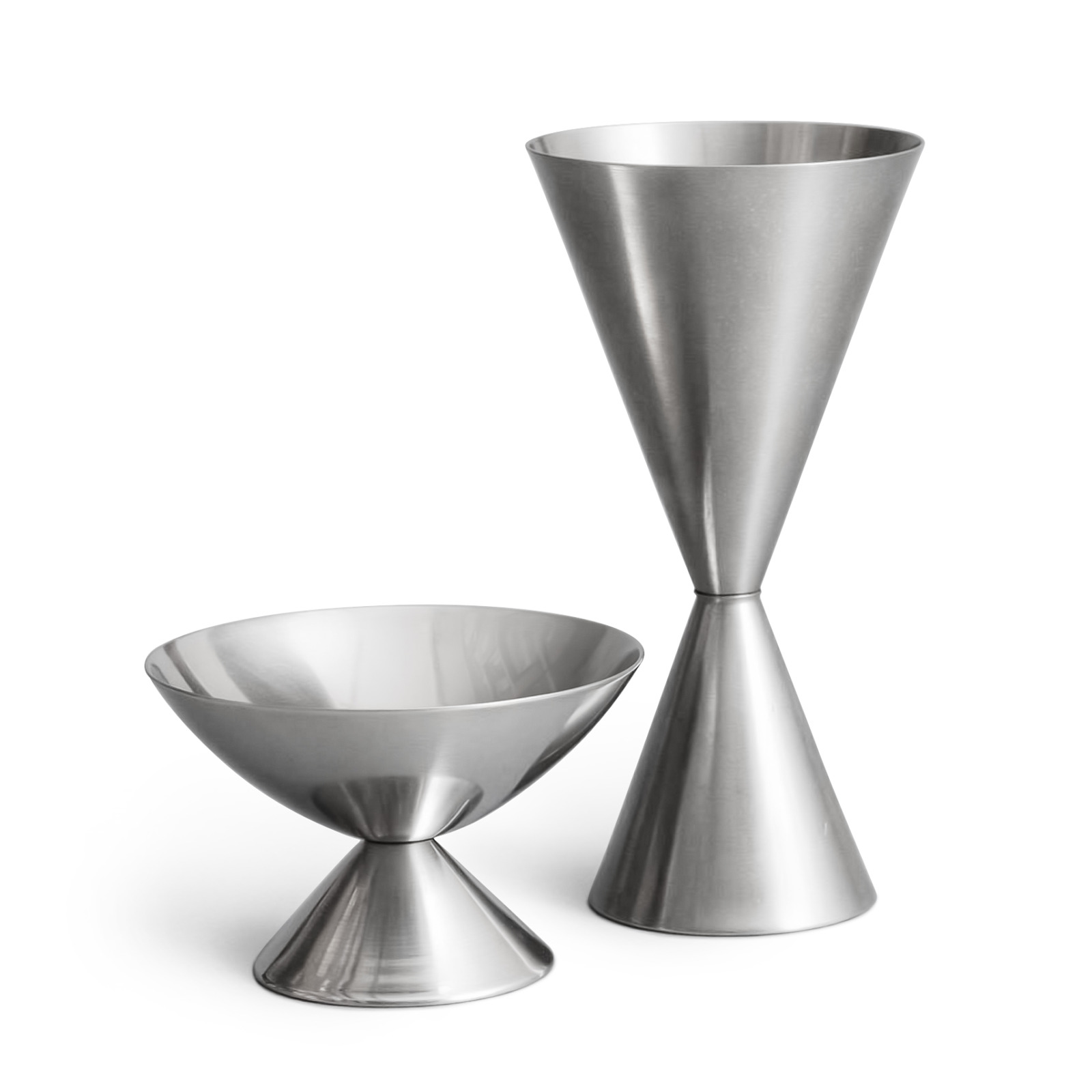 Two stainless steel cups with geometric designs against a white background