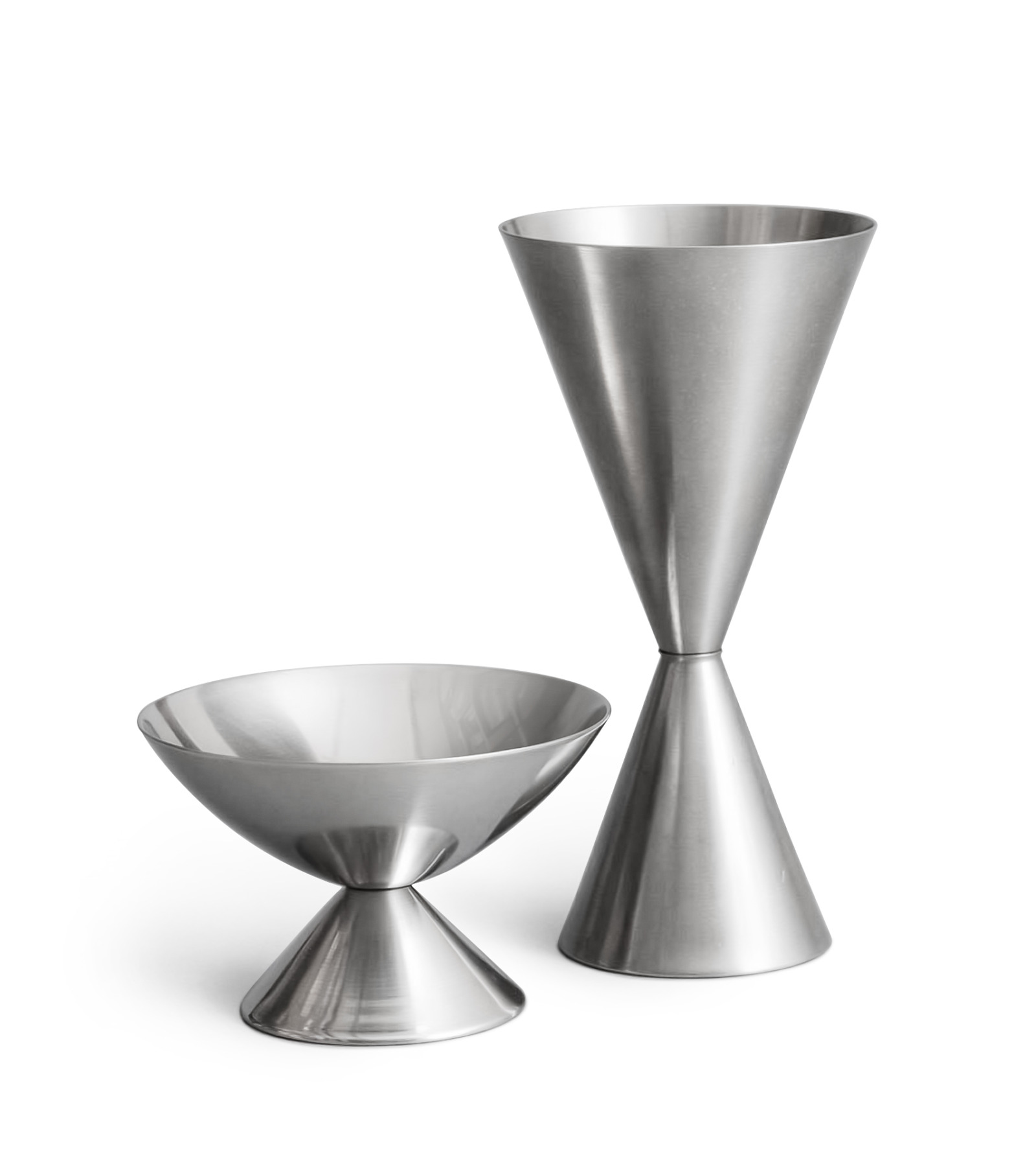 Two stainless steel cups with geometric designs against a white background